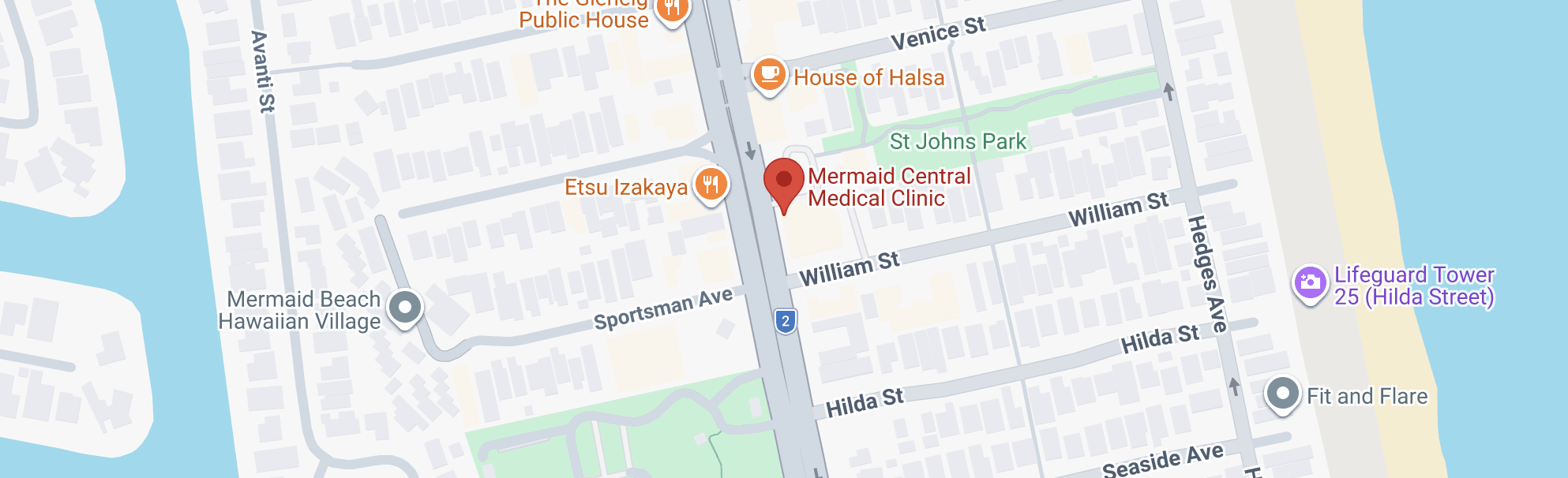 Map showing Mermaid Central Medical Clinic at 2431 Gold Coast Highway, Mermaid Beach